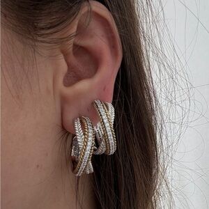 Judith Ripka, Sterling 925 Two tone Crisscross Hoop Earrings 1"
CZ